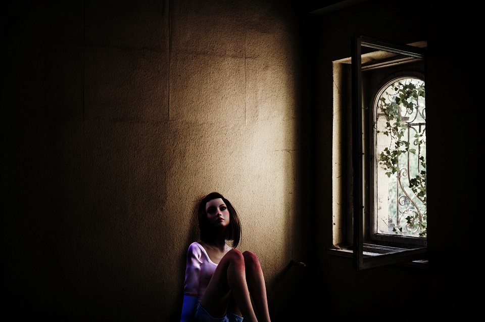 Animation of a girl in a dark room with one window. It looks like she is contemplating teenage problems